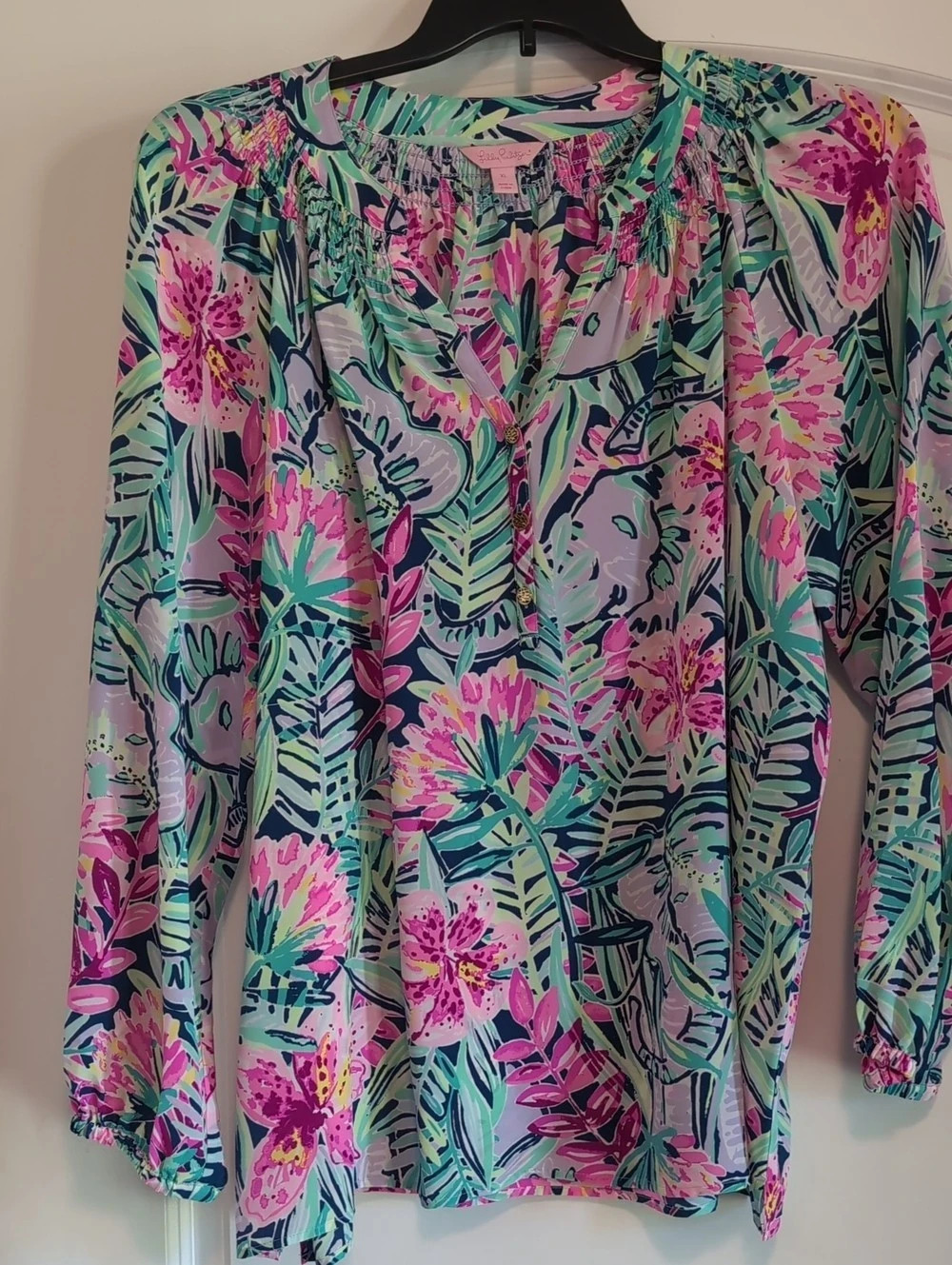 Lilly Pulitzer Elsa Silk Top Floral Blouse Pink & Green XL